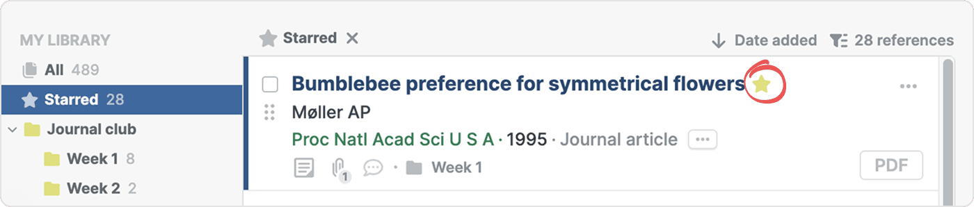 The Starred view with 28 references, showing one reference whose circled gold star marks it as starred, beside the Starred entry highlighted in the sidebar.